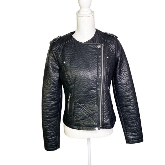 New Look Women SZ Medium Black Faux Leather Moto Jacket Full Side Zip Biker Coat - Picture 2 of 12